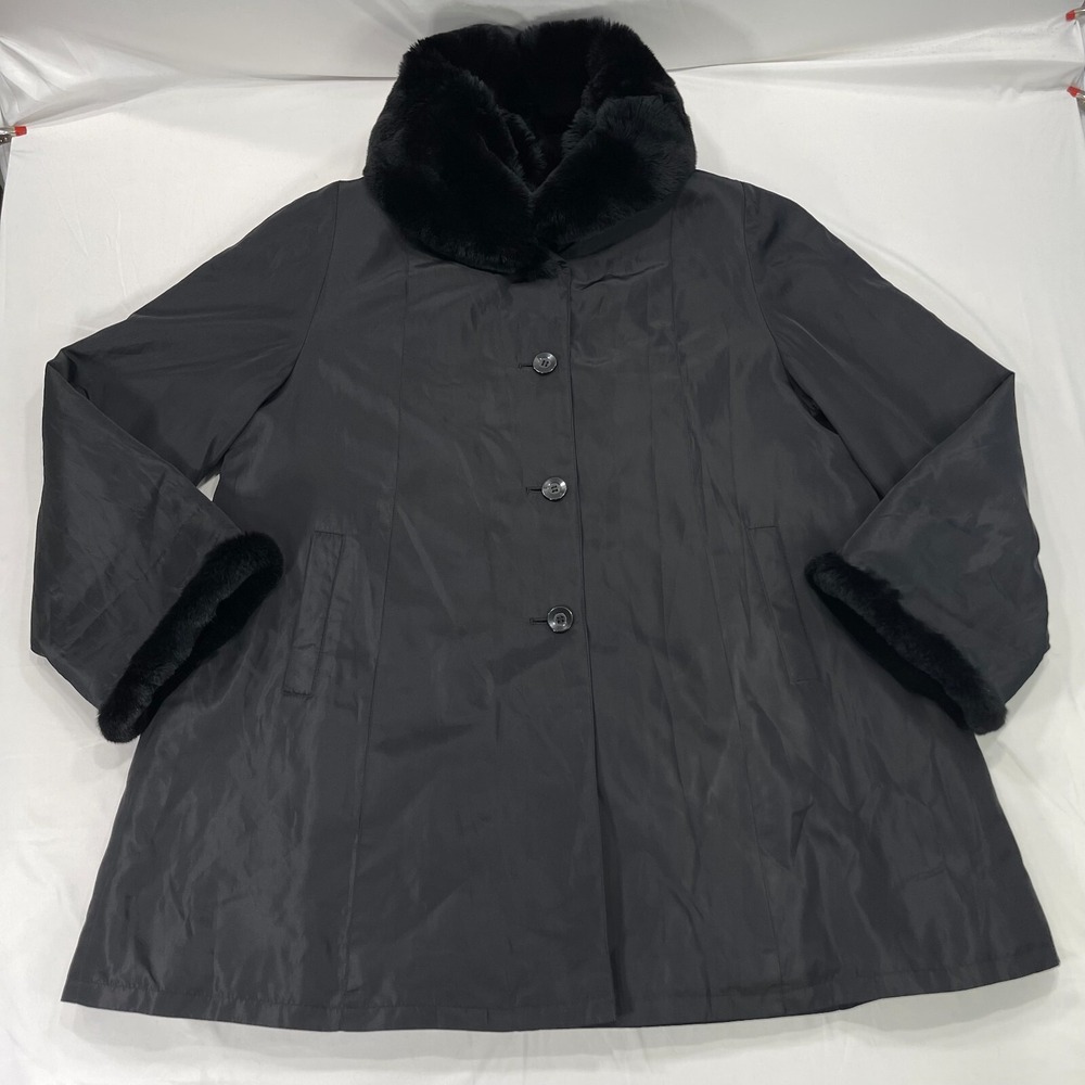 Chosen Couture Fur Lined Swing Coat Womens XL Black Rabbit Fur Trim Button Front